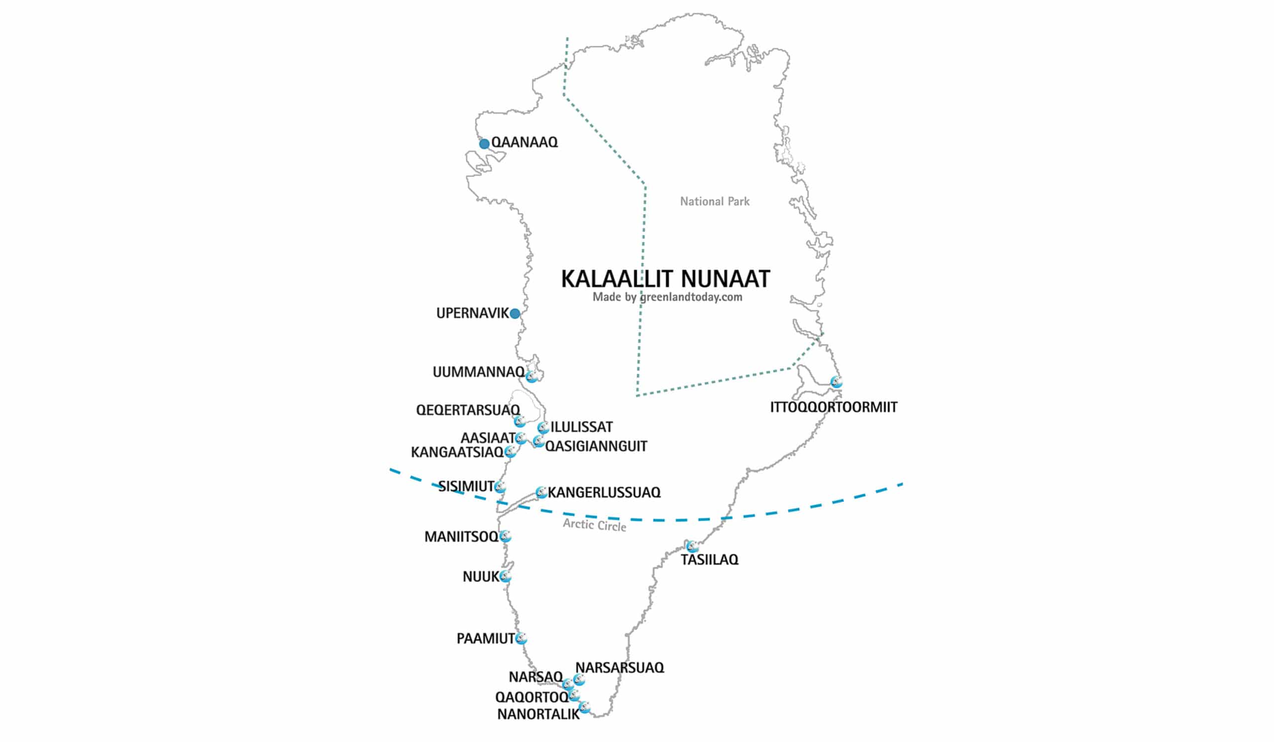 Map of Greenland showing the major towns. All are on the coast, except for Kangerlussuaq