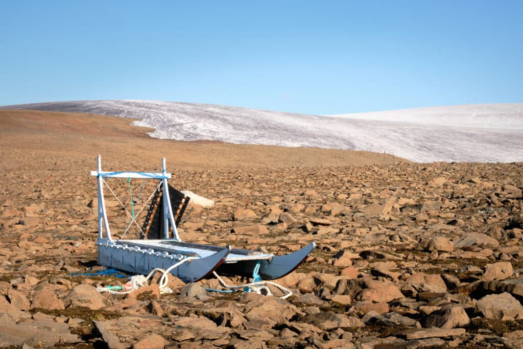 Dogsled awaits next trip near Lyngmark Glacier