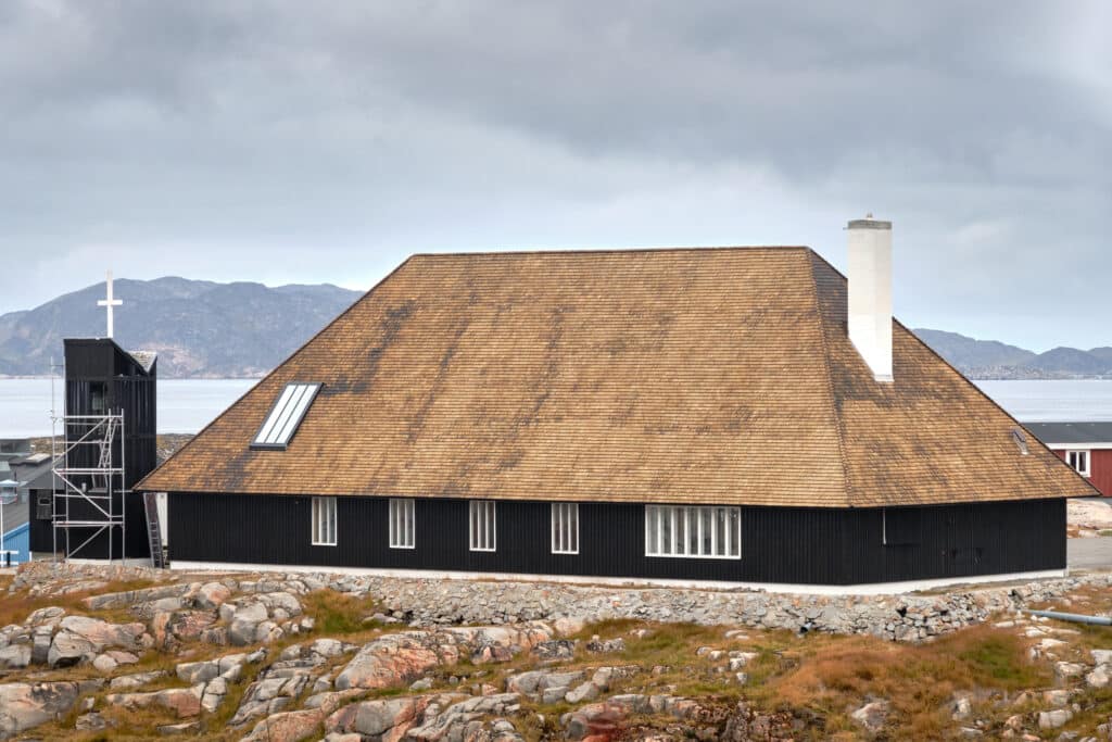 Church of Aasiaat lies at the harbour of the town