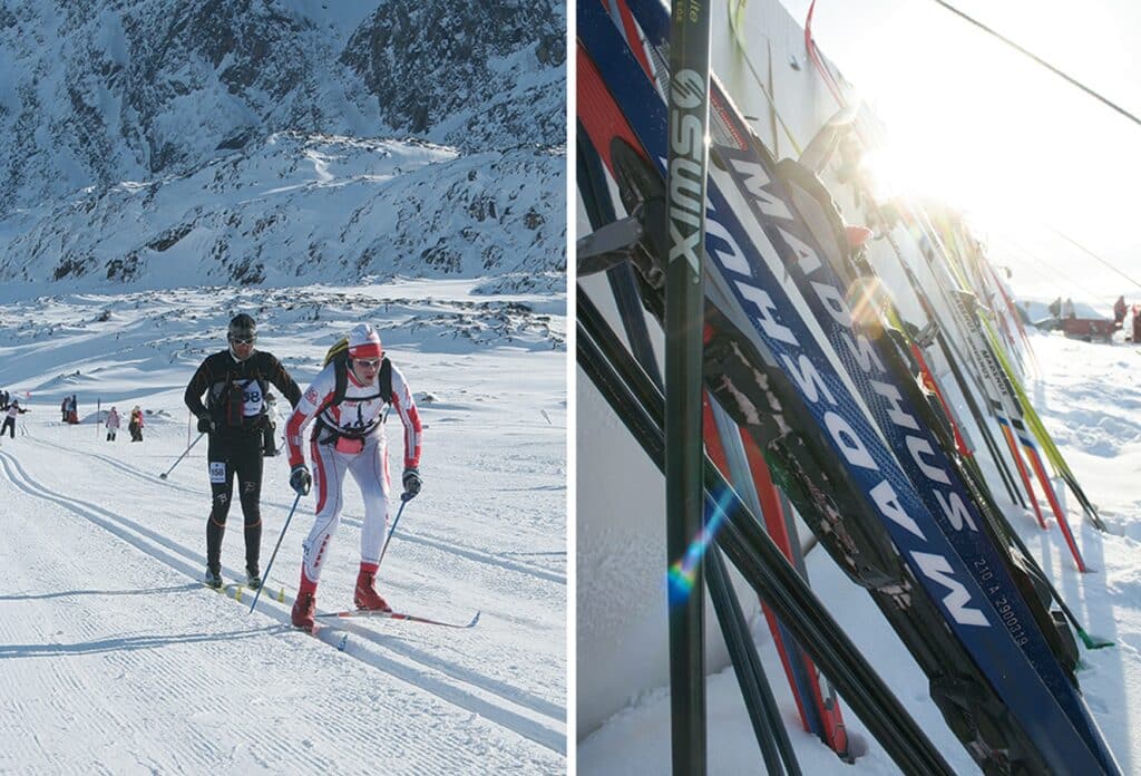 Skiers and skies during Arctic Circle Race