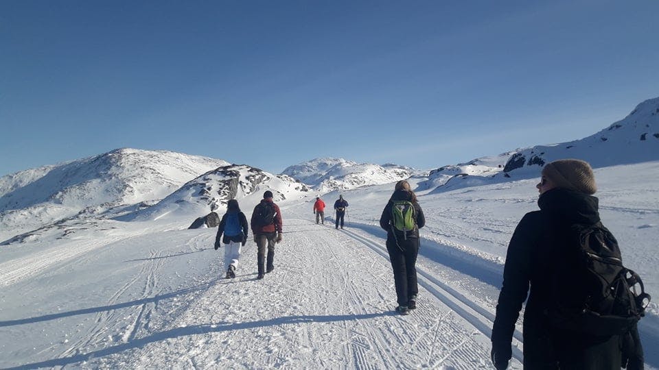 A group of people walking up a mountain