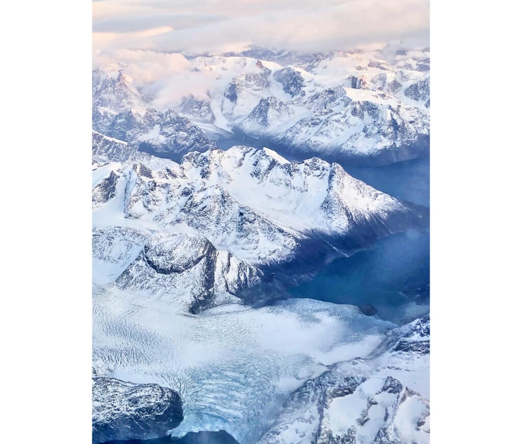 Snowy peaks in West Greenland seen from the air