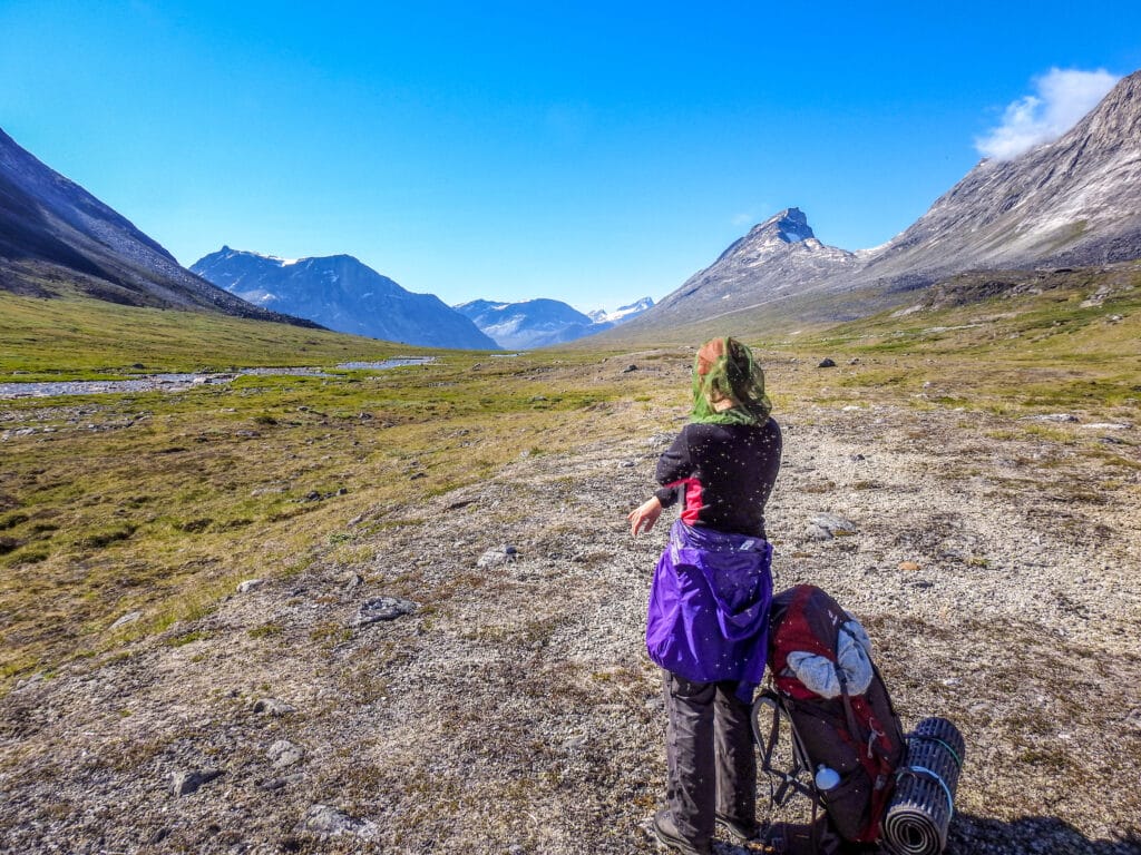 Hiker protected from mosquitos by head net during a hike in Greenland