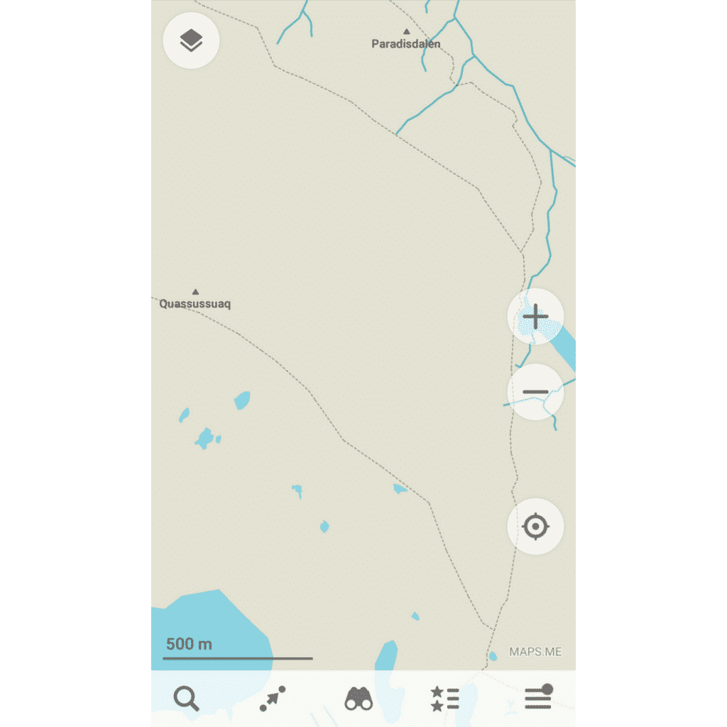 Screenshot of Maps.Me showing hiking routes near Nuuk