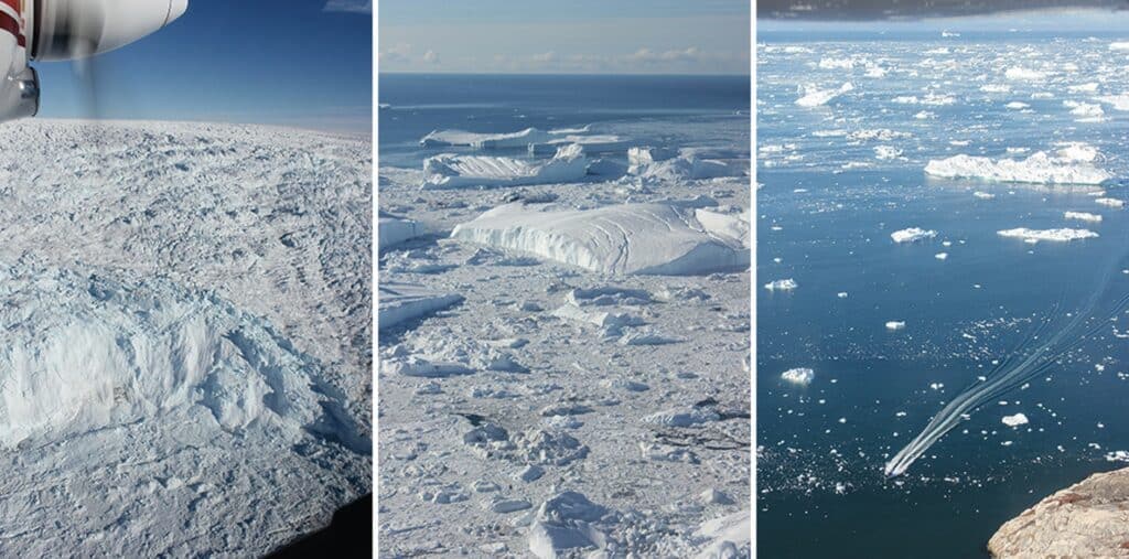 Flying over the icesheet and Ilulissat isfjord in Greenland