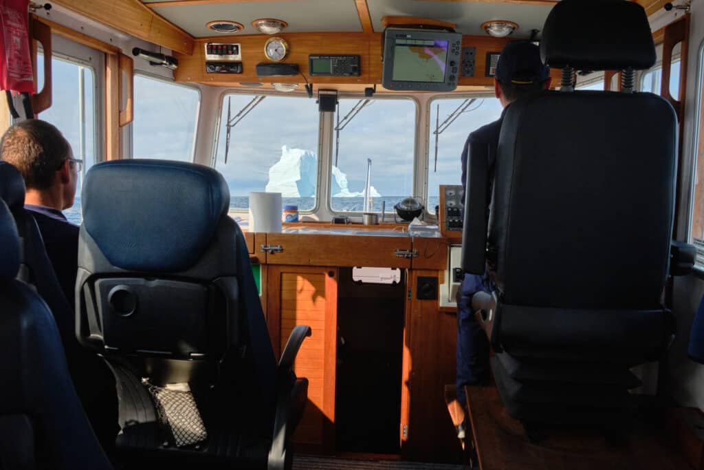 View from inside a water taxi on a transfer across Disko Bay from Aasiaat to Qeqertarsuaq