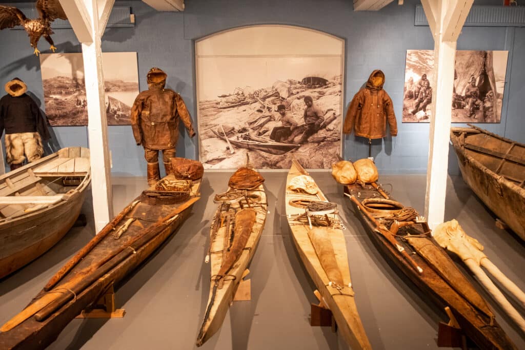 Old qajaqs on display at the Greenland National Museum