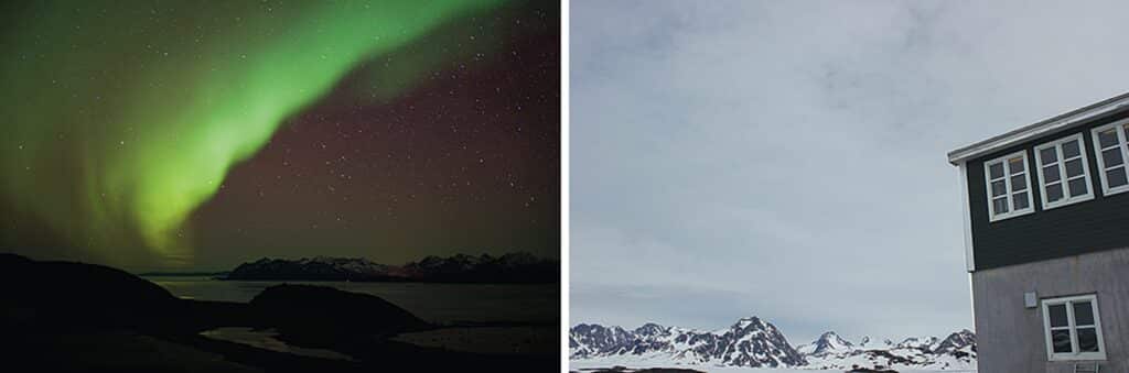 Northern lights over Kulusuk and Kulusuk during winter