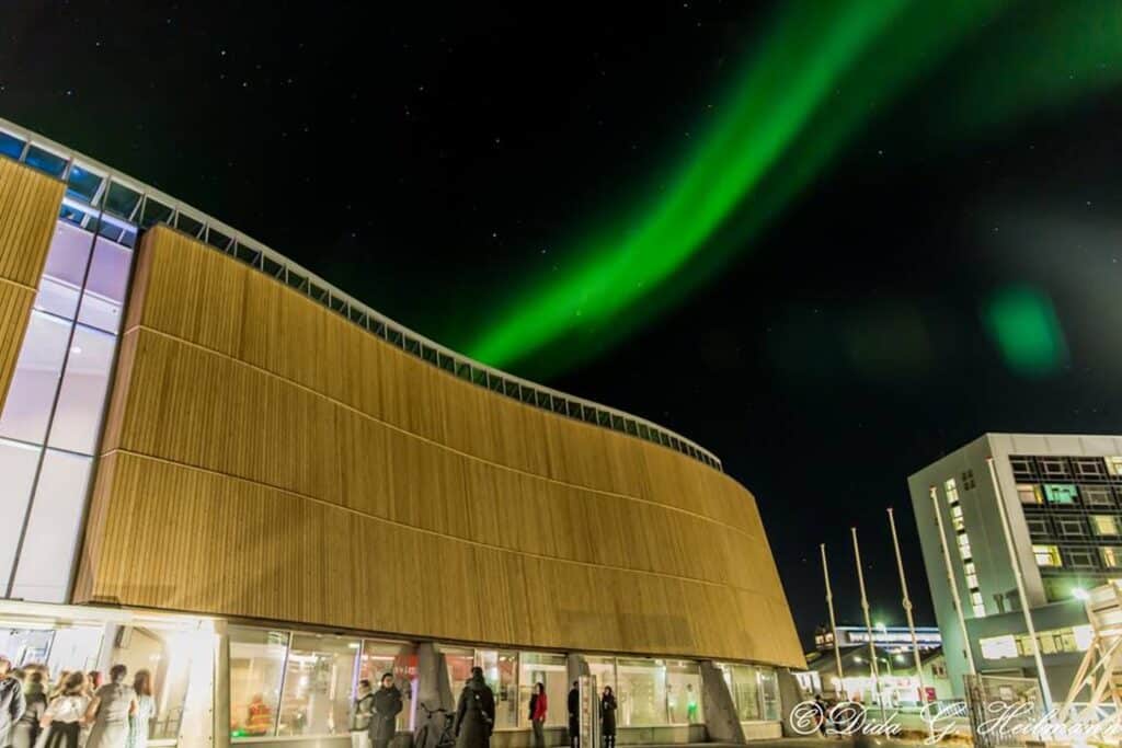 Northern lights above Greenlands Cultural House Katuaq in downtown Nuuk