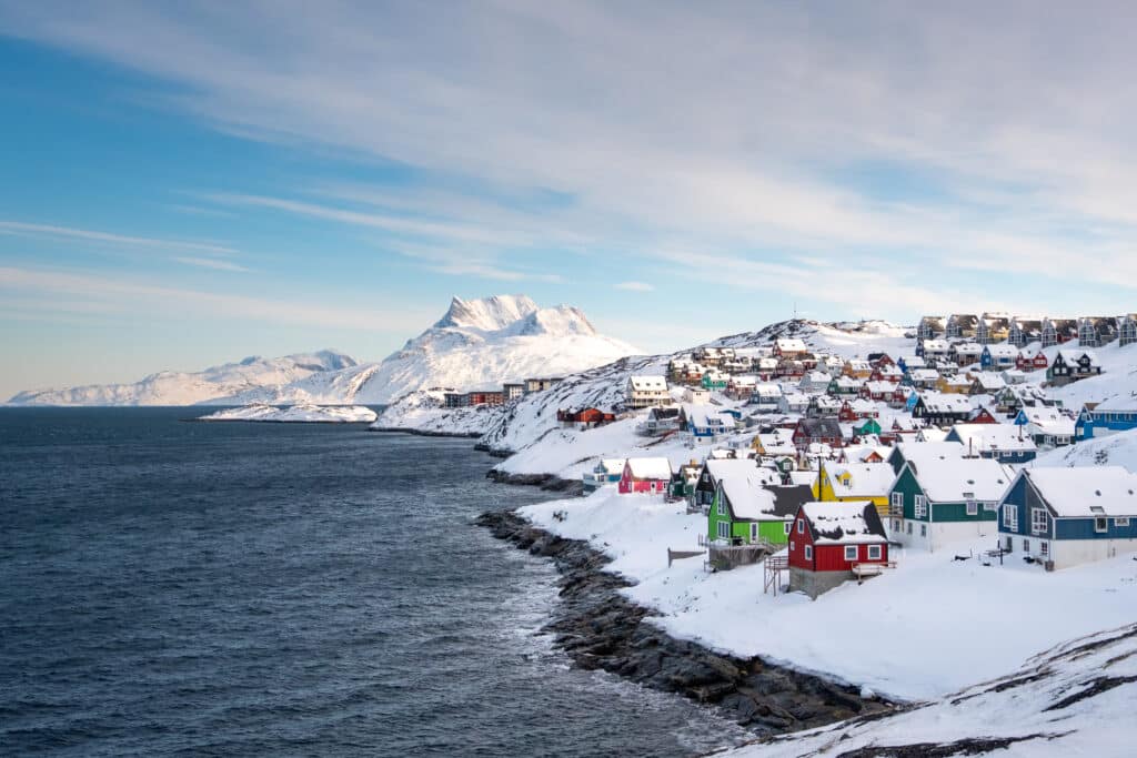 Sermitsiaq mountain and the colorful houses of Mosquito Valley