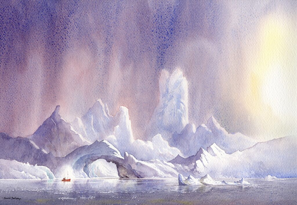 Mountainous icebergs near Ilulissat. Watercolor