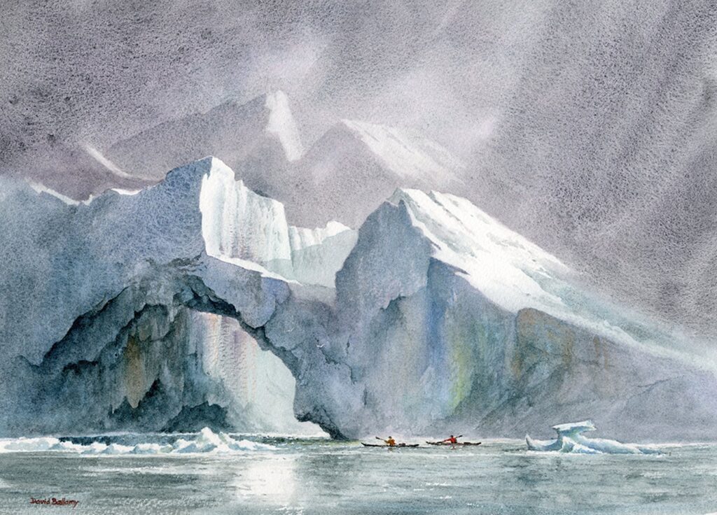 Kayakers amidst the icebergs, Disco Bay. Watercolor