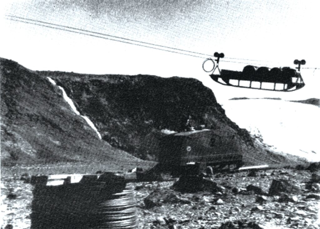 A load being hoisted on the cable-way