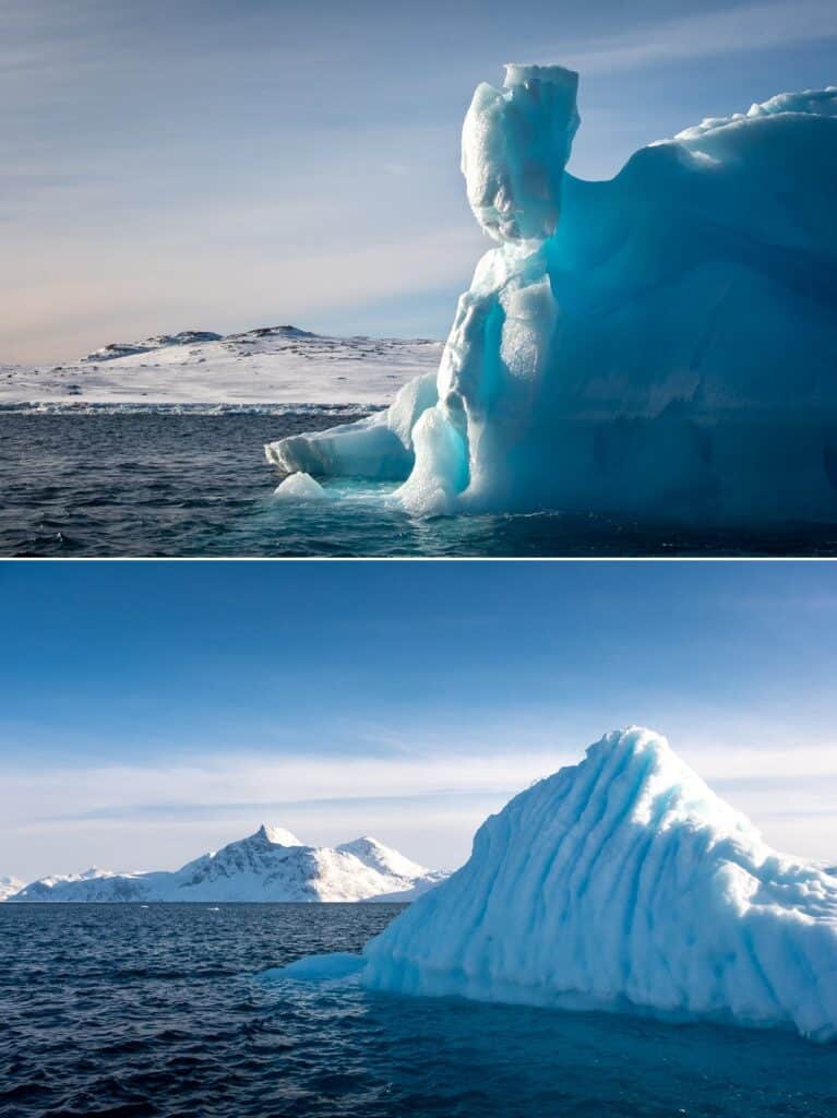 Large icebergs with Sermitsiaq mountain in the background (bottom)