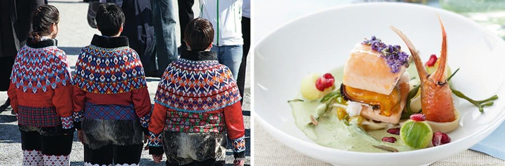 Three women wearing Greenland's national costume and gourmet seafood platter