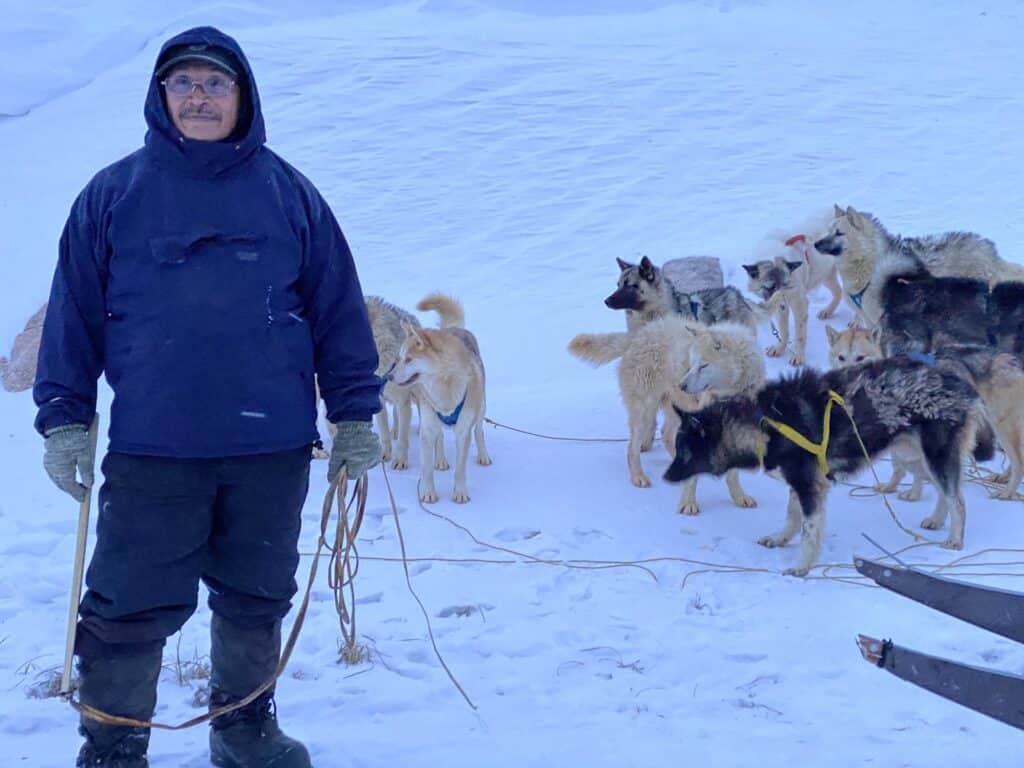 Musher with his dogs in Greenland. The inuit dogsledding