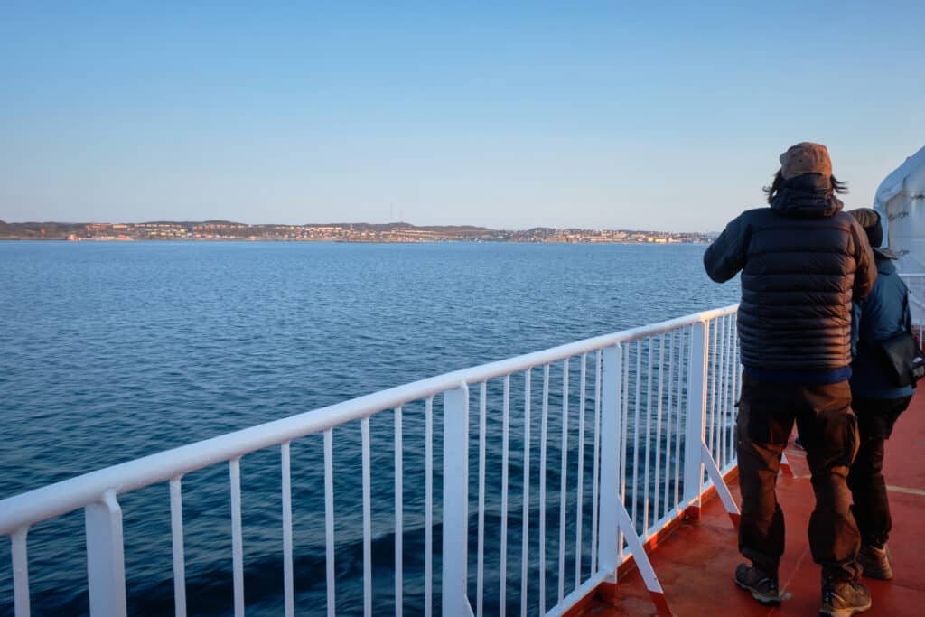 Watching the approach to Aasiaat from the deck of the Sarfaq Ittuk Passenger Ferry