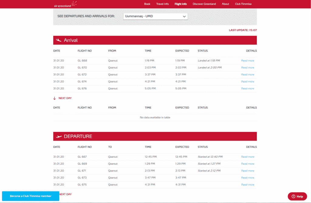 Screenshot of Air Greenland flight schedule page