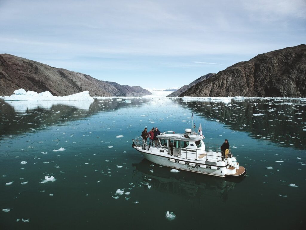 Boat among icebergs