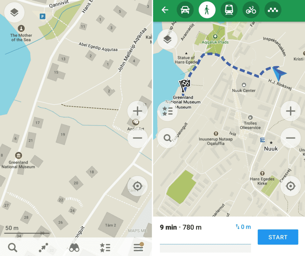 Screenshots of Nuuk from Maps.Me showing several features of the app