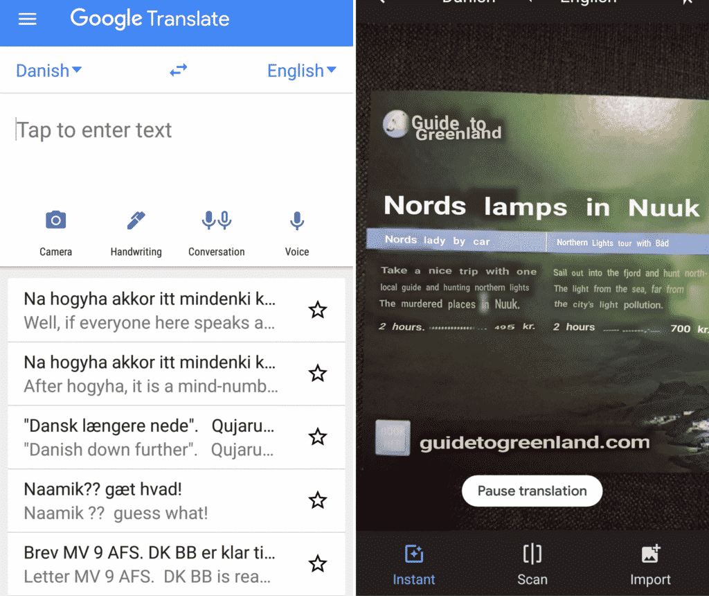 Screenshots from Google Translate