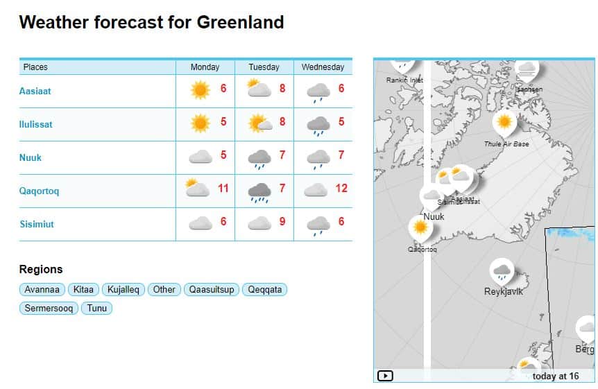 Vejrudsigt over Grønland fra Yr
