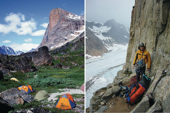 climbing in greenland with tents and the mountain in the background